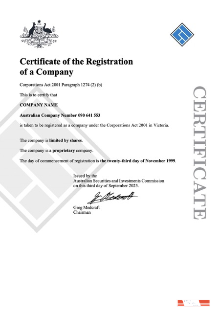 Australia certificate of company registration Word and PDF template